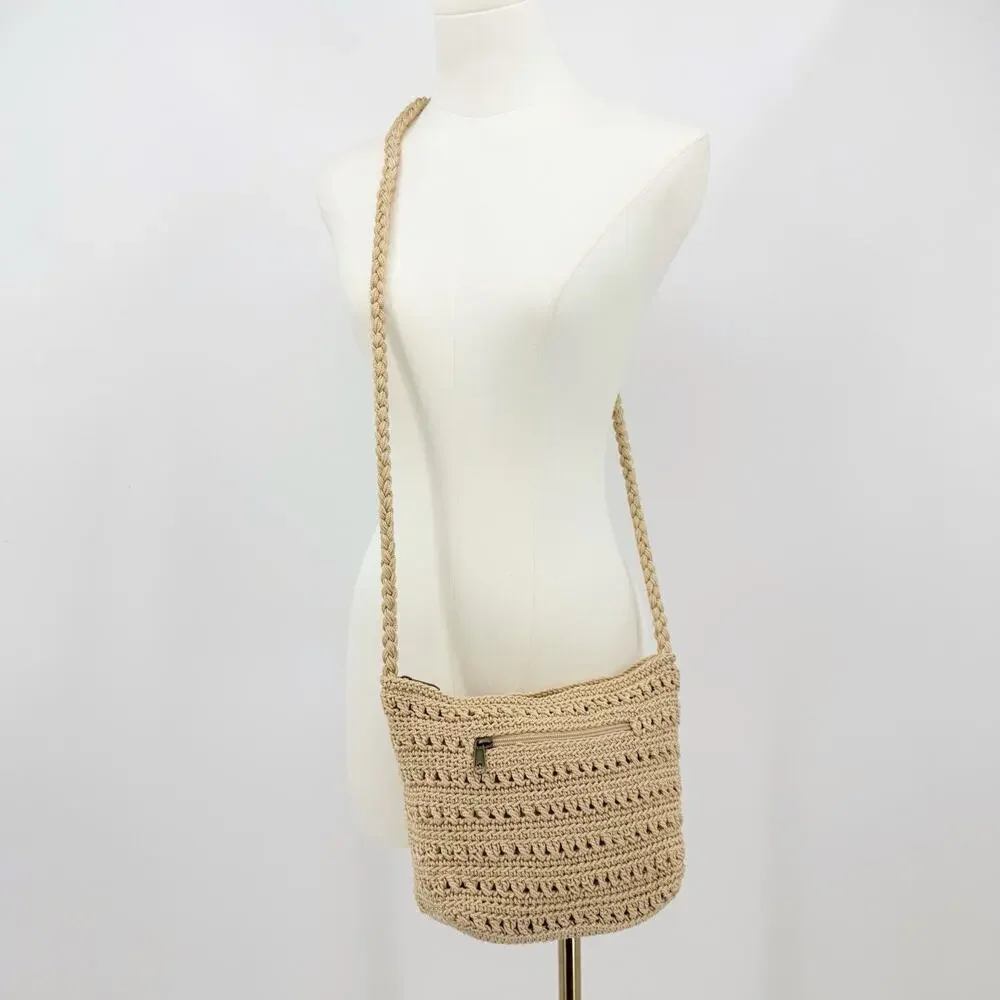 Croft & Barrow Crochet Crossbody Bag Beige‎ Woven Boho Summer Beach Vacation